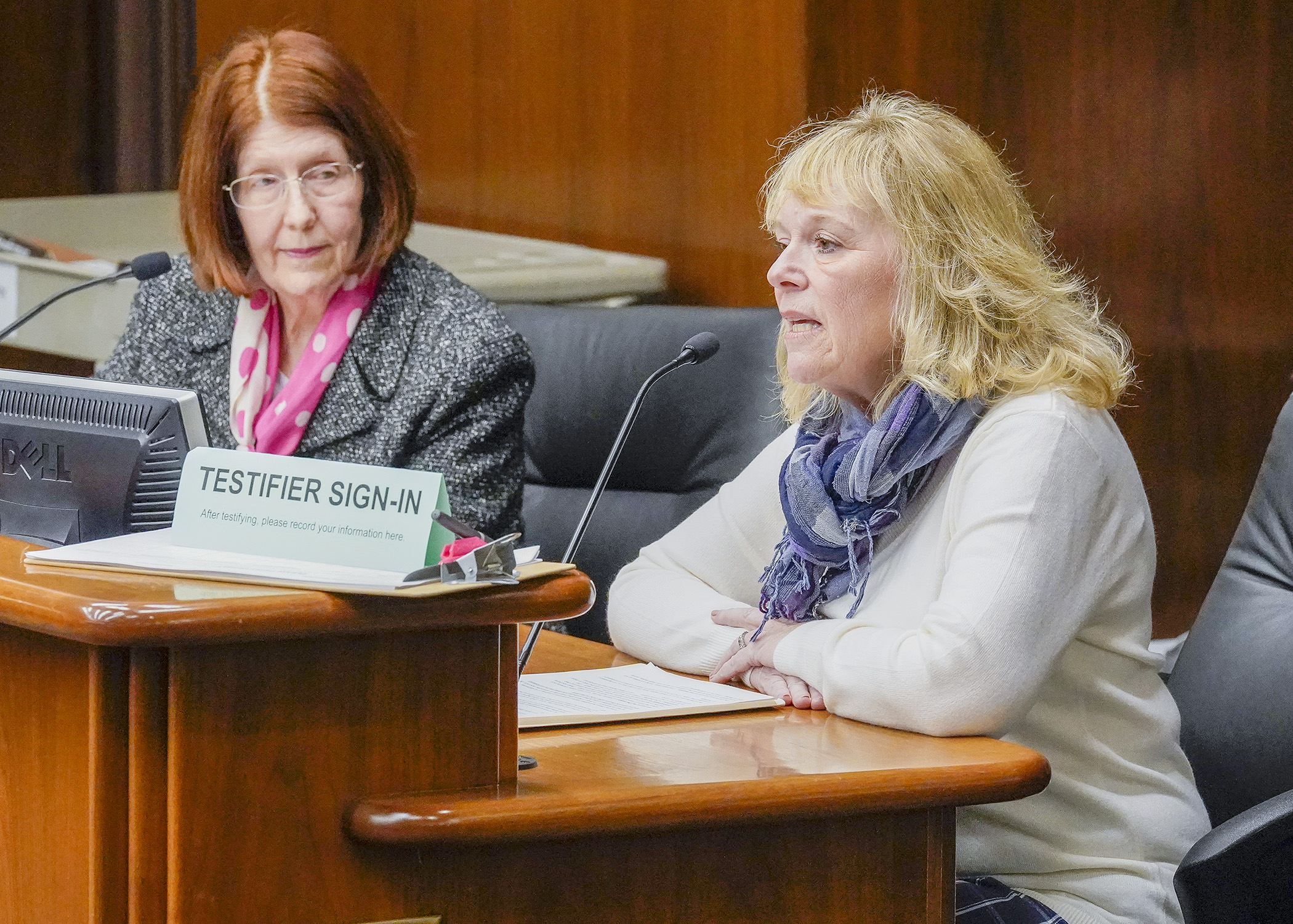 Cathy Blaeser, right, testifies before the House Health Finance and Policy Committee Jan. 12 against HF91, a bill sponsored by Rep. Tina Liebling, left. (Photo by Andrew VonBank)